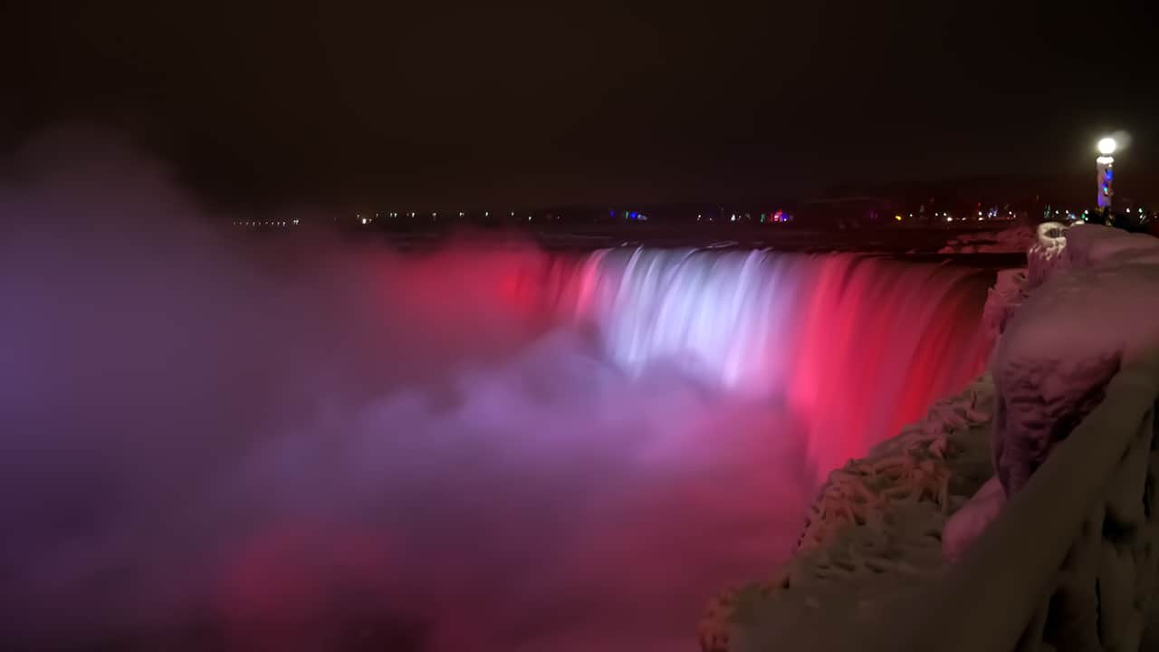 Niagara Falls in colour of Canada flag at winter night